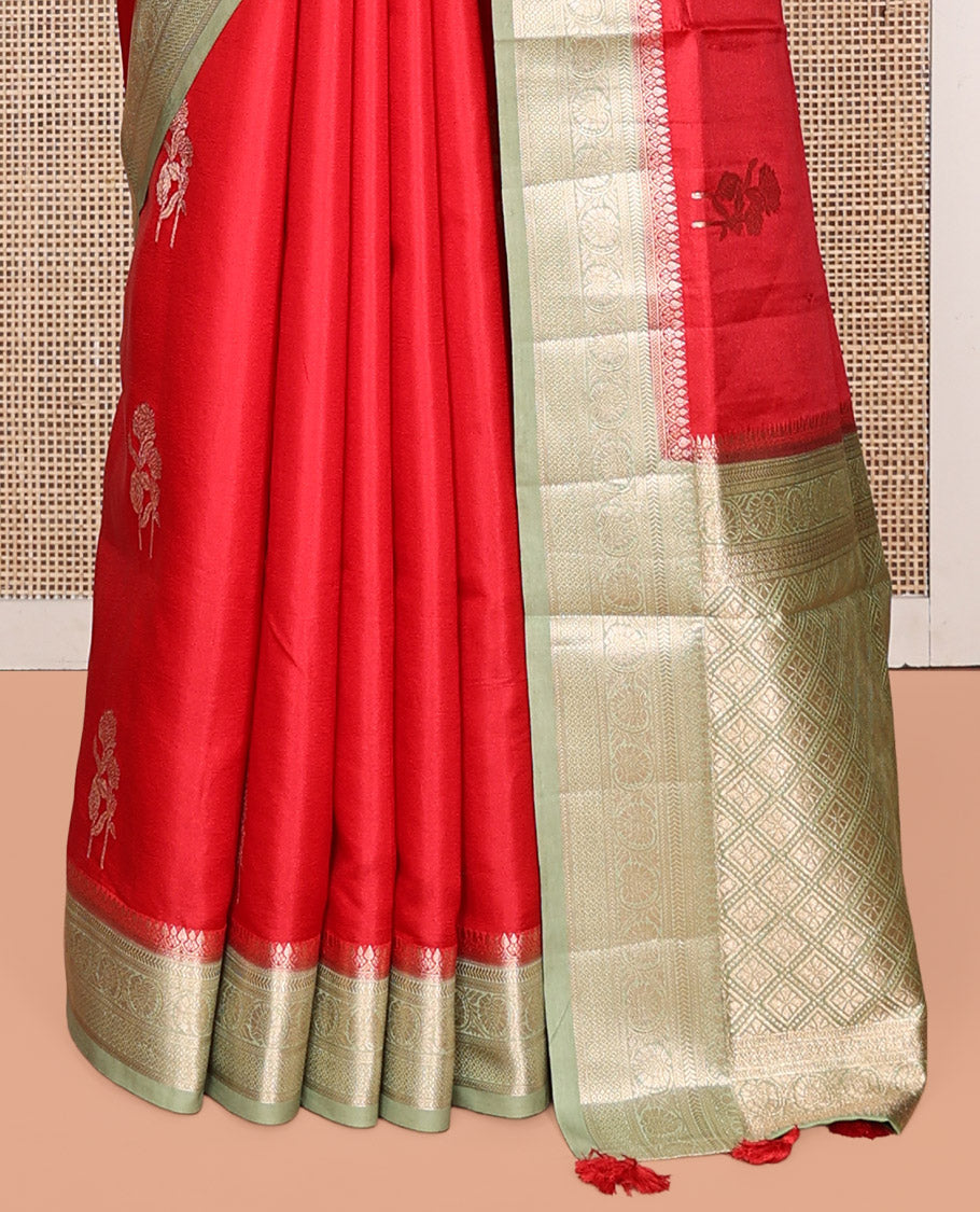 Red Satin Silk Saree, Spotlighted with Floral Buttas, Complemented by a Contrast Traditional Zari Border, Grand Jaal Pallu, and a Contrast Blouse