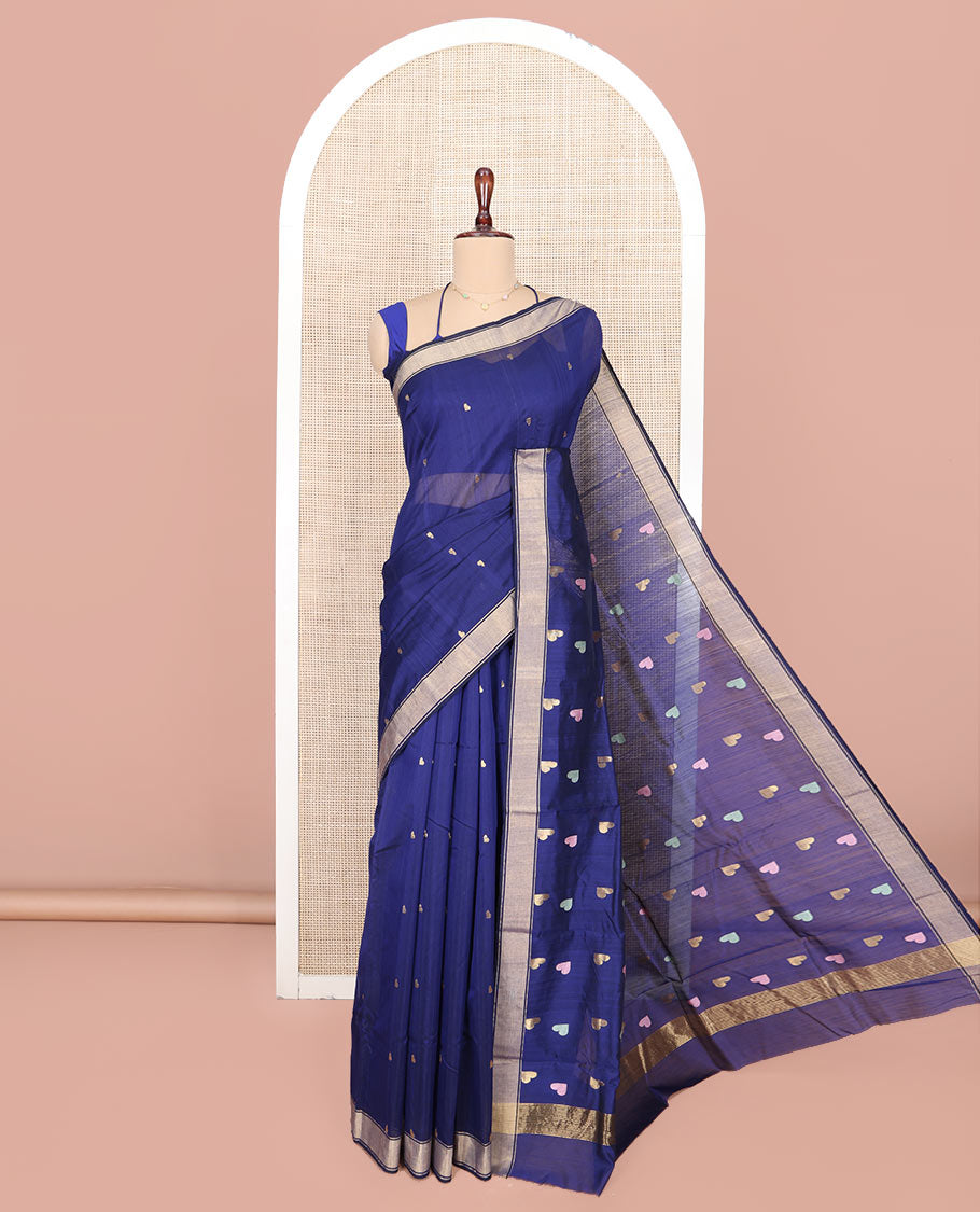 Blue Chanderi Cotton Saree, Adorned with Heart Buttas All Over Its Body, Highlighted by a Self-Border, Pallu Steeped with Heart Motifs, and Paired with a Matching Blouse