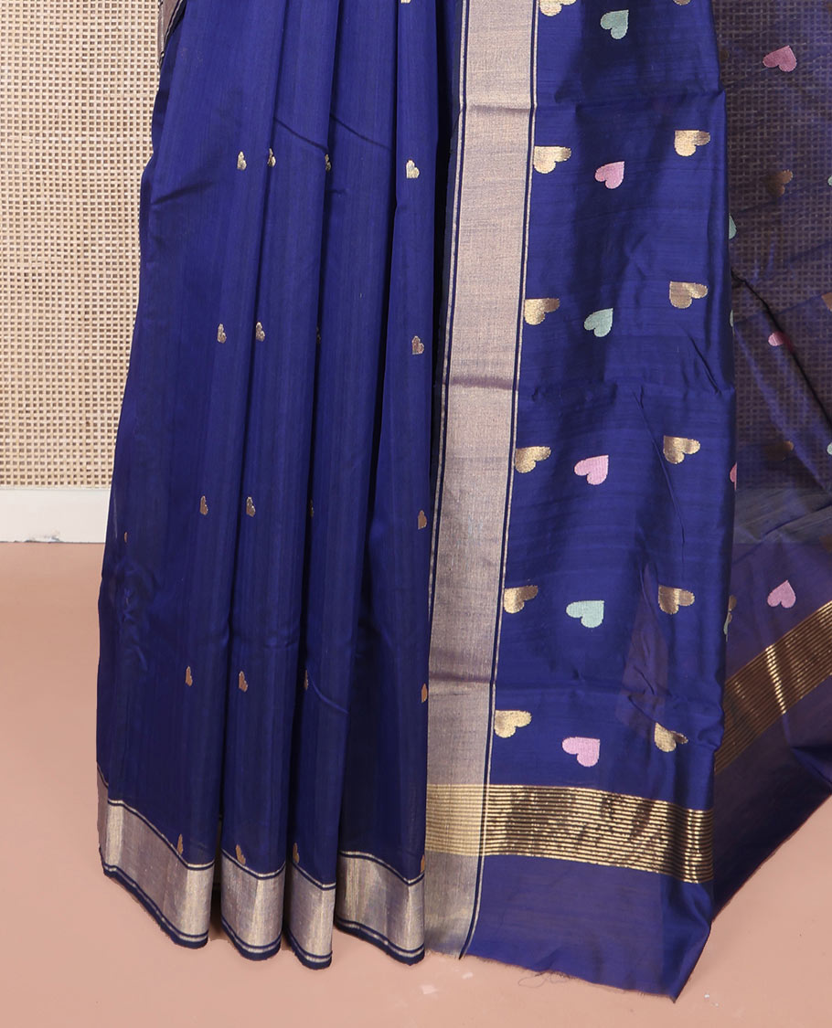 Blue Chanderi Cotton Saree, Adorned with Heart Buttas All Over Its Body, Highlighted by a Self-Border, Pallu Steeped with Heart Motifs, and Paired with a Matching Blouse