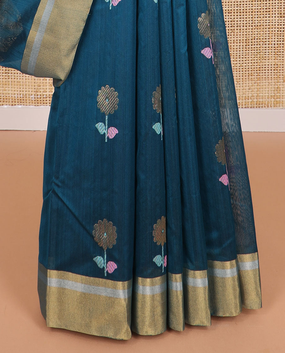 Blue floral motifs chanderi cotton saree with contrast zari design border & striped pallu