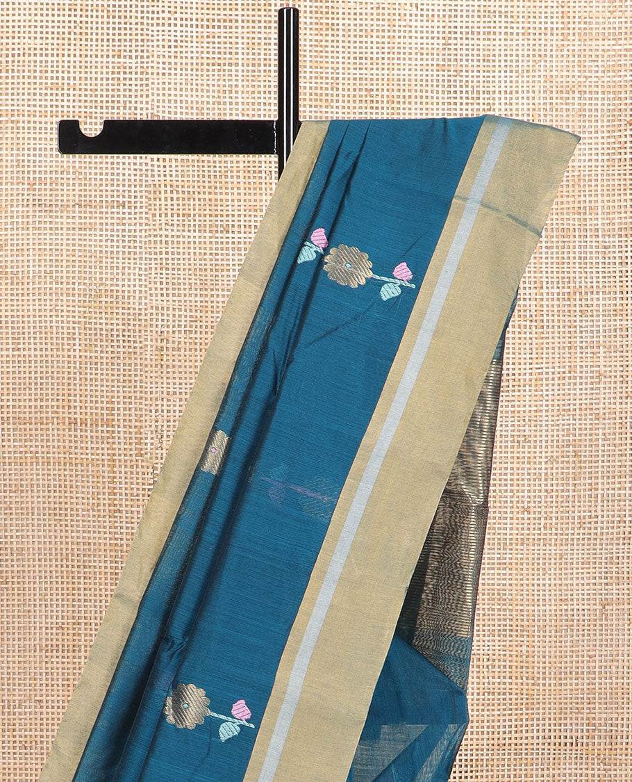 Blue floral motifs chanderi cotton saree with contrast zari design border & striped pallu