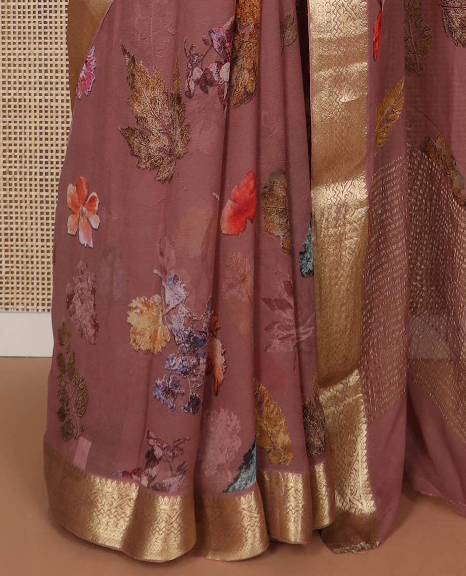 Brown floral design chiffon saree with self zari design border & striped pallu