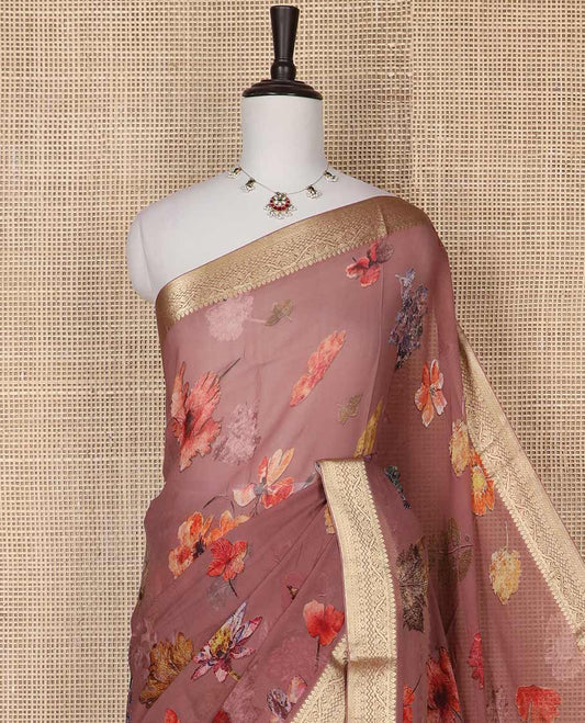 Brown floral design chiffon saree with self zari design border & striped pallu
