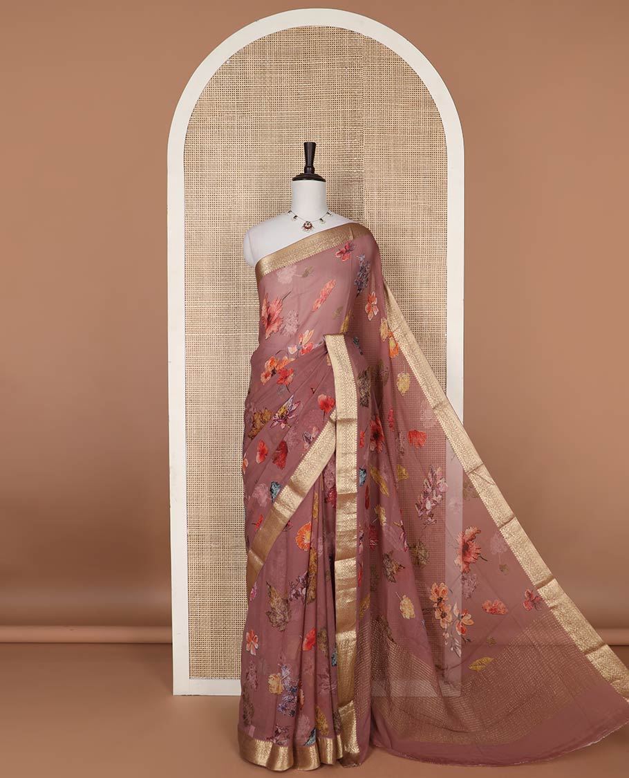 Brown floral design chiffon saree with self zari design border & striped pallu