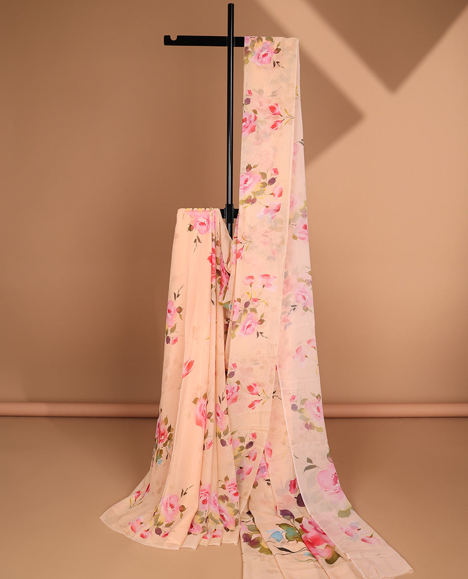Semi banaras chiffon Borderless peach rose floral motifs printed semi-chiffon saree