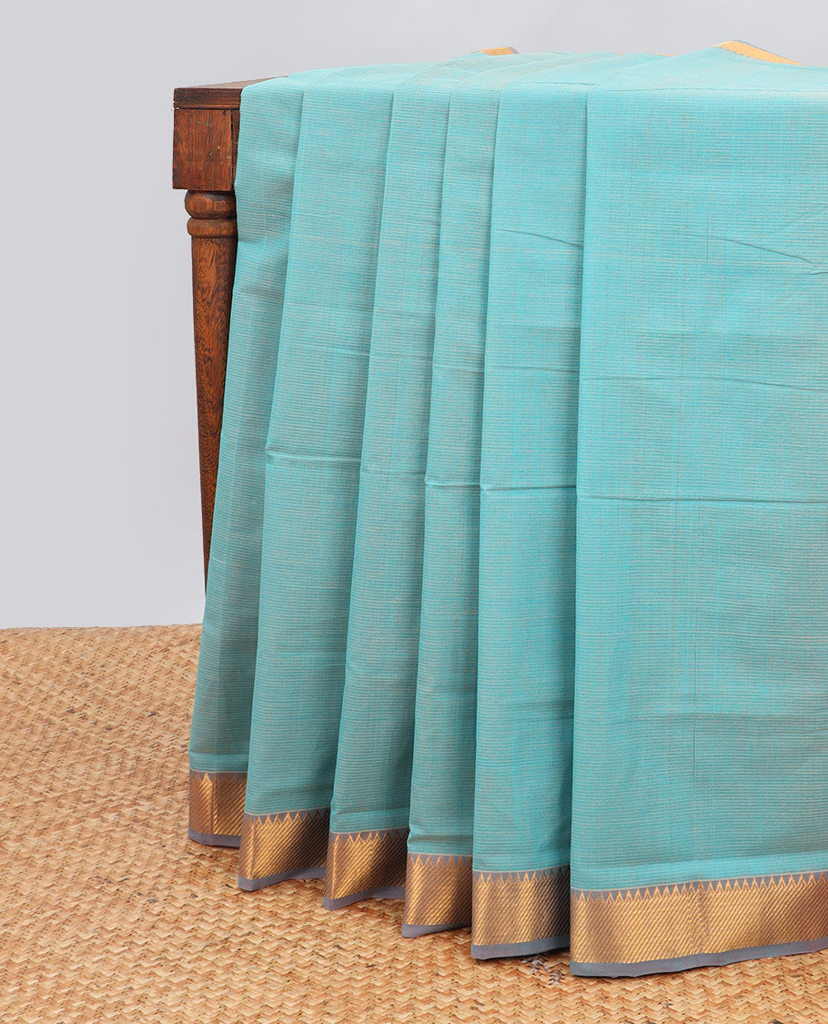 Sea blue striped mangalagiri cotton saree contrast temple border & striped pallu