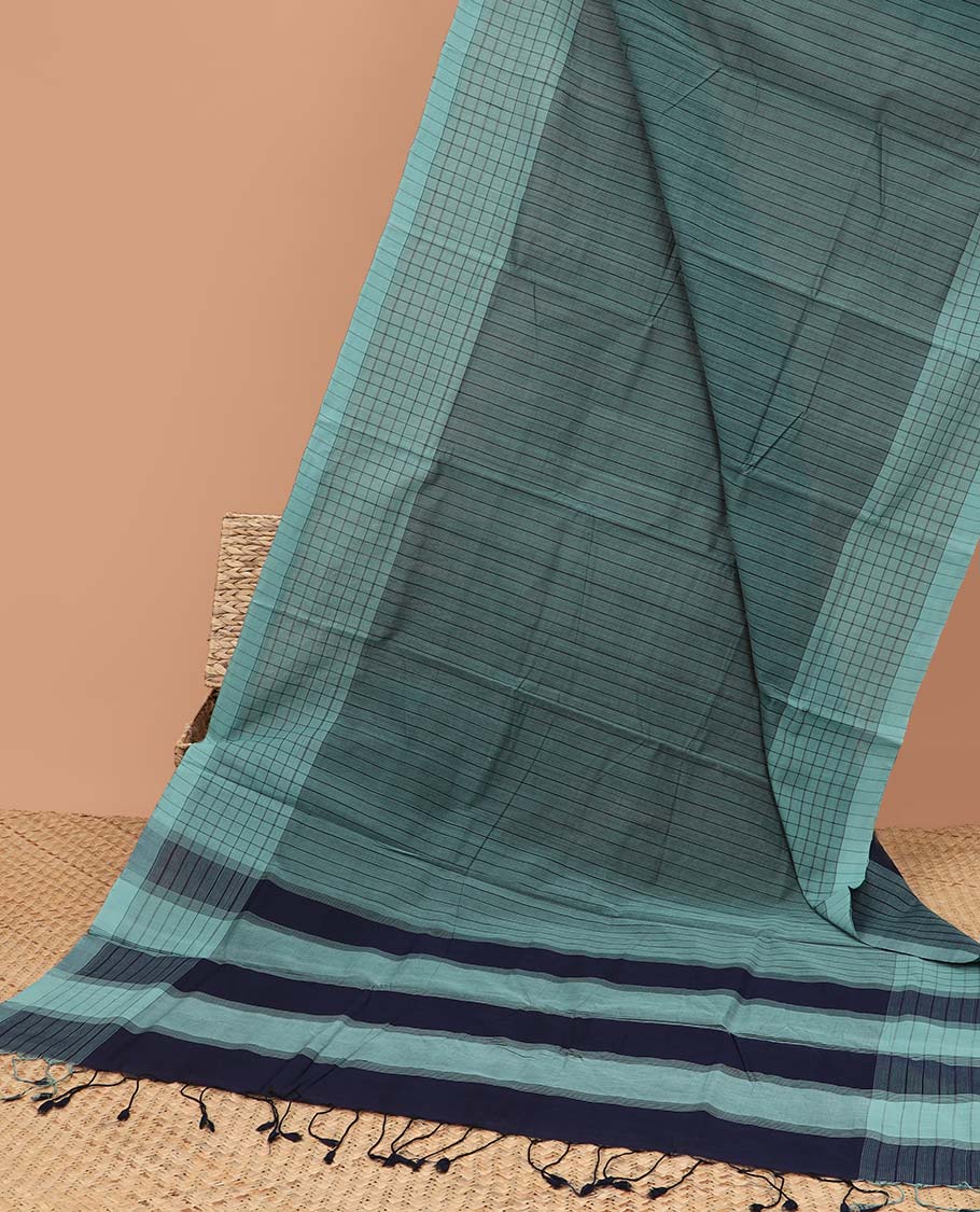 Green striped mangalagiri cotton saree with contrast checked border