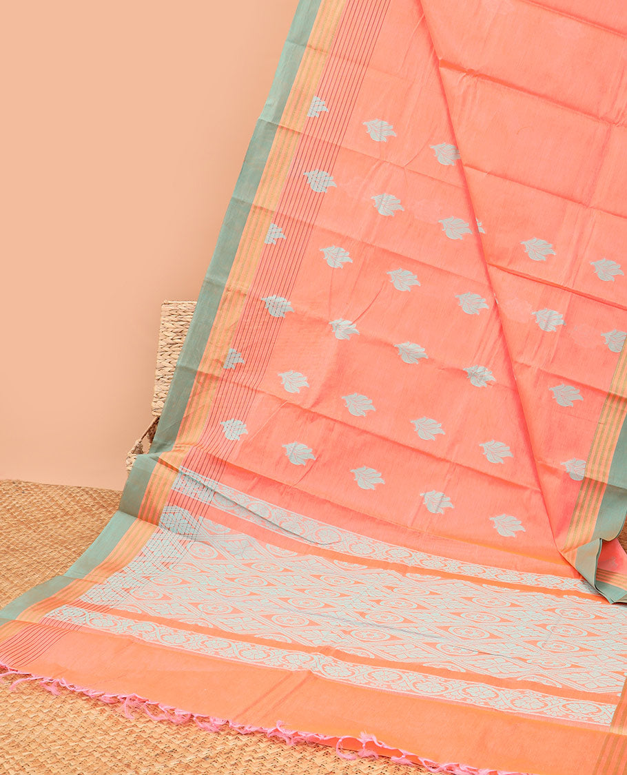 Peach floral motifs kanchi cotton saree with contrast striped design border & floral design pallu