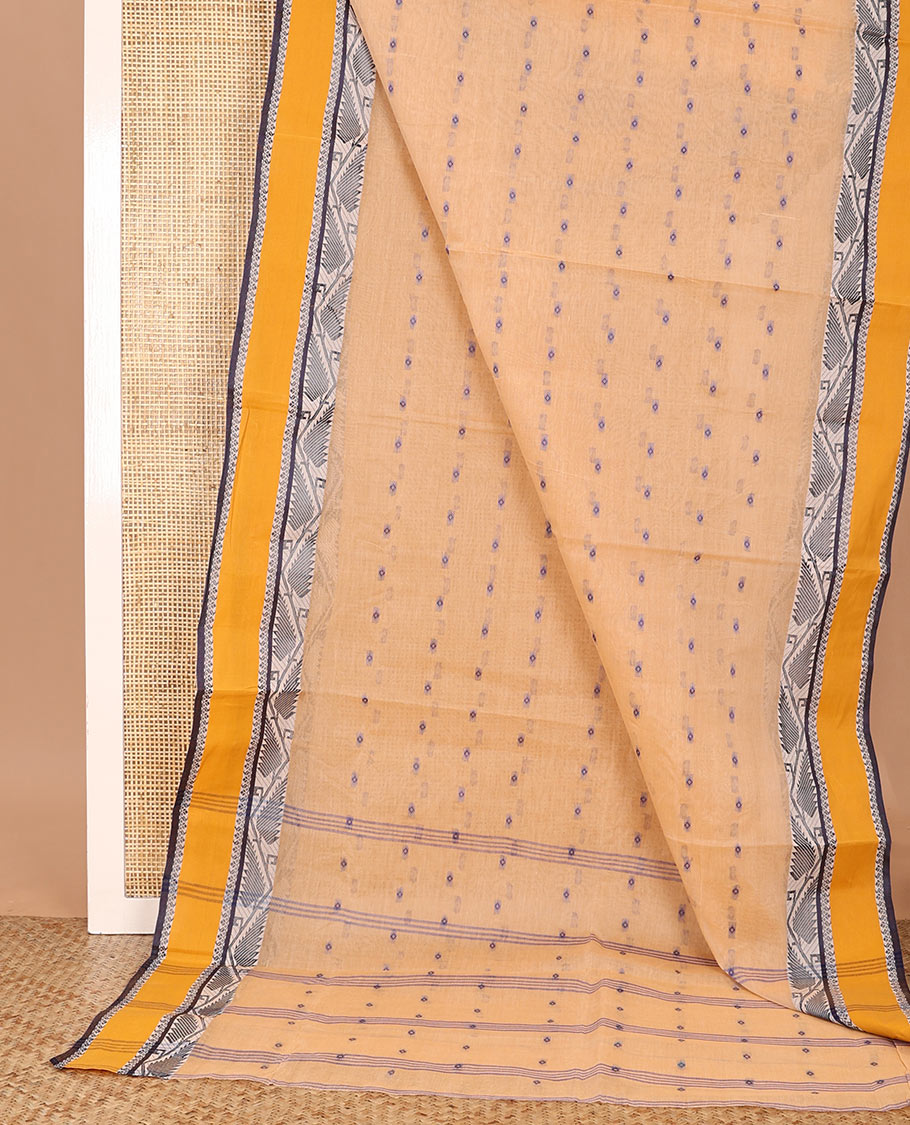 Orange buttas Bengal cotton saree, contrast border of leaf creeper design, and pallu of stripes, and buttas