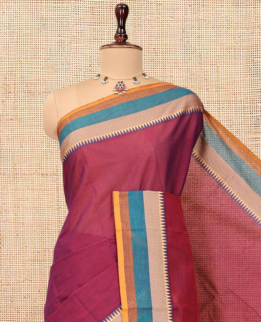 Magenta Plain Chettinad Cotton Saree, Complemented by Contrast Temple Traditional Thread Border, Striped Pallu, and a Matching Blouse
