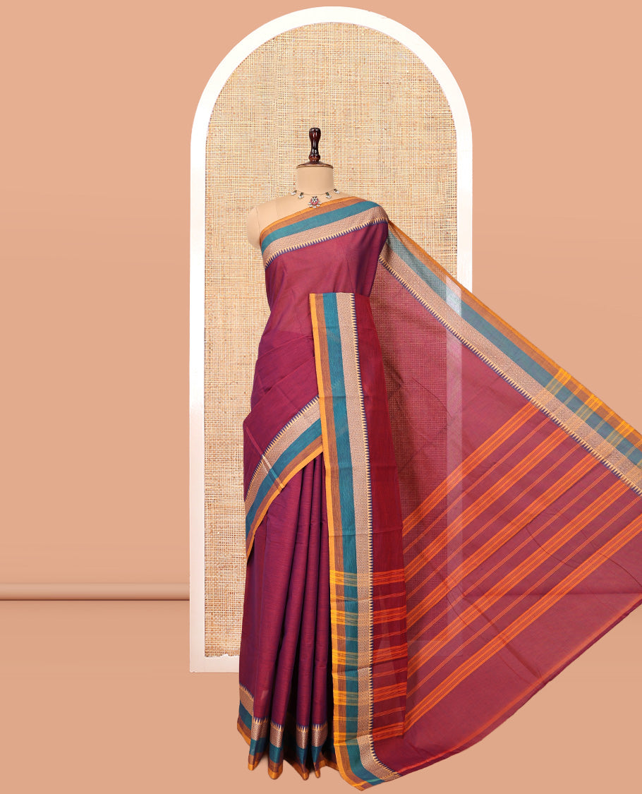 Magenta Plain Chettinad Cotton Saree, Complemented by Contrast Temple Traditional Thread Border, Striped Pallu, and a Matching Blouse