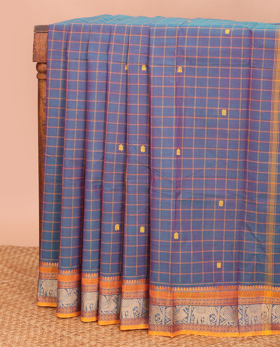 Purple checked and buttas Chettinad cotton saree, contrast traditional border, and checked pallu of buttas