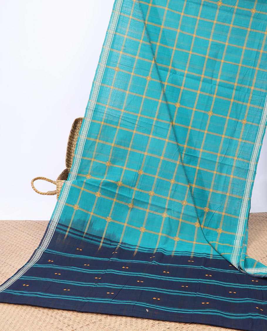 Blue checked Andhra cotton saree, unique design border & contrast striped pallu