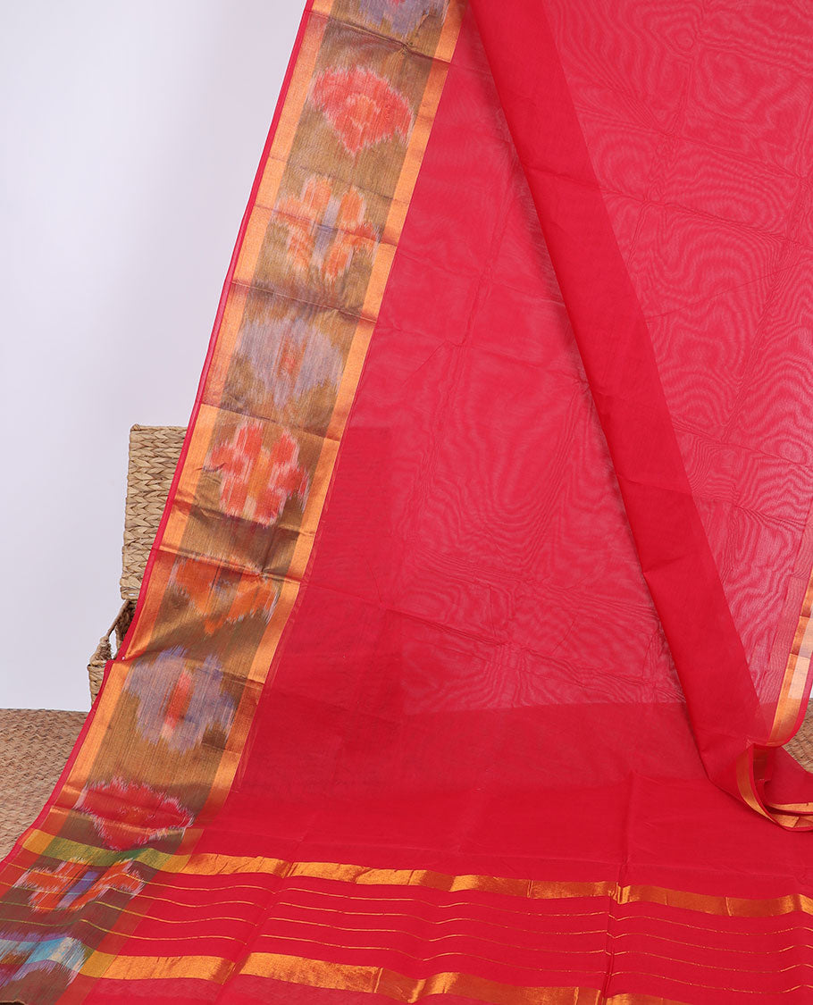 Tomato Red venkatagiri cotton saree with self floral design border & striped pallu