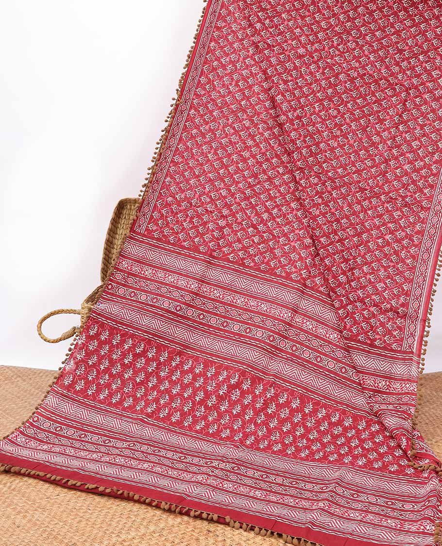 Red floral design mul mul cotton saree with self geometric design border & intricate design pallu