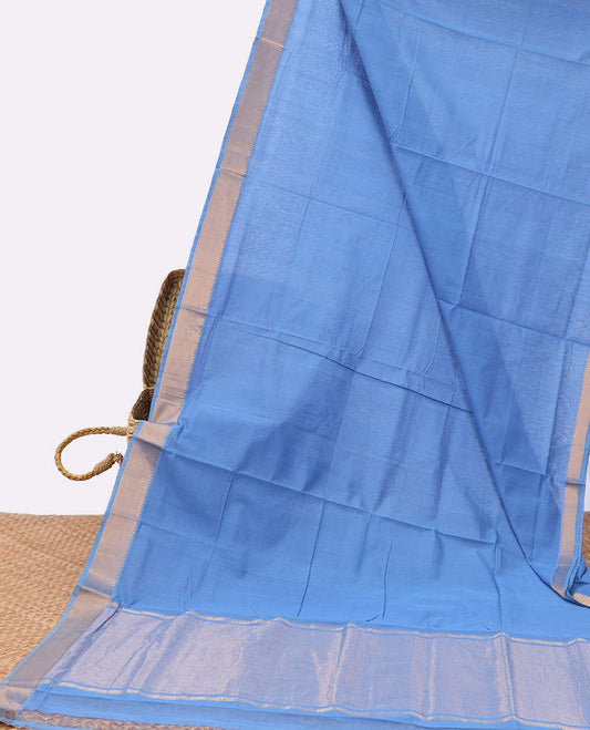 Blue plain design mangalgiri cotton saree with self zari design border & striped zari design pallu