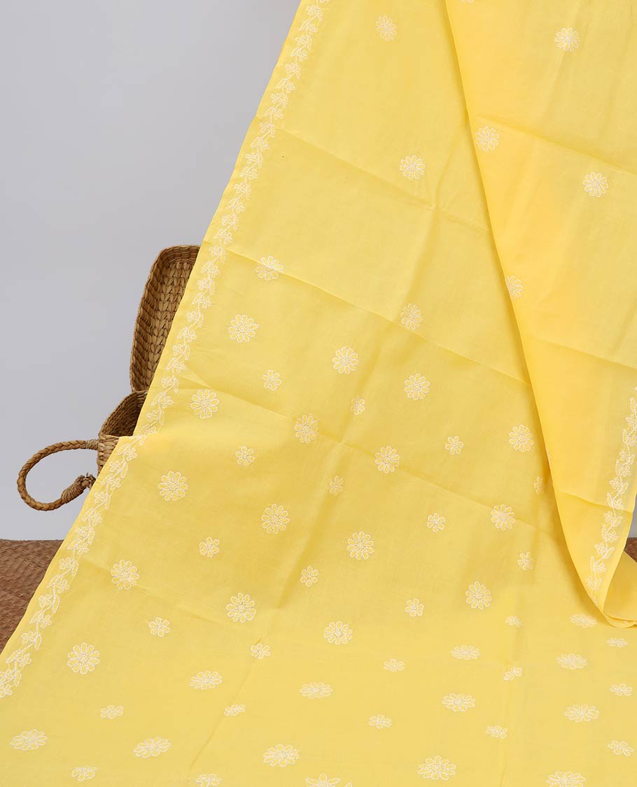 Yellow all over flower embroidery lucknowi chikankari cotton with floral vine border