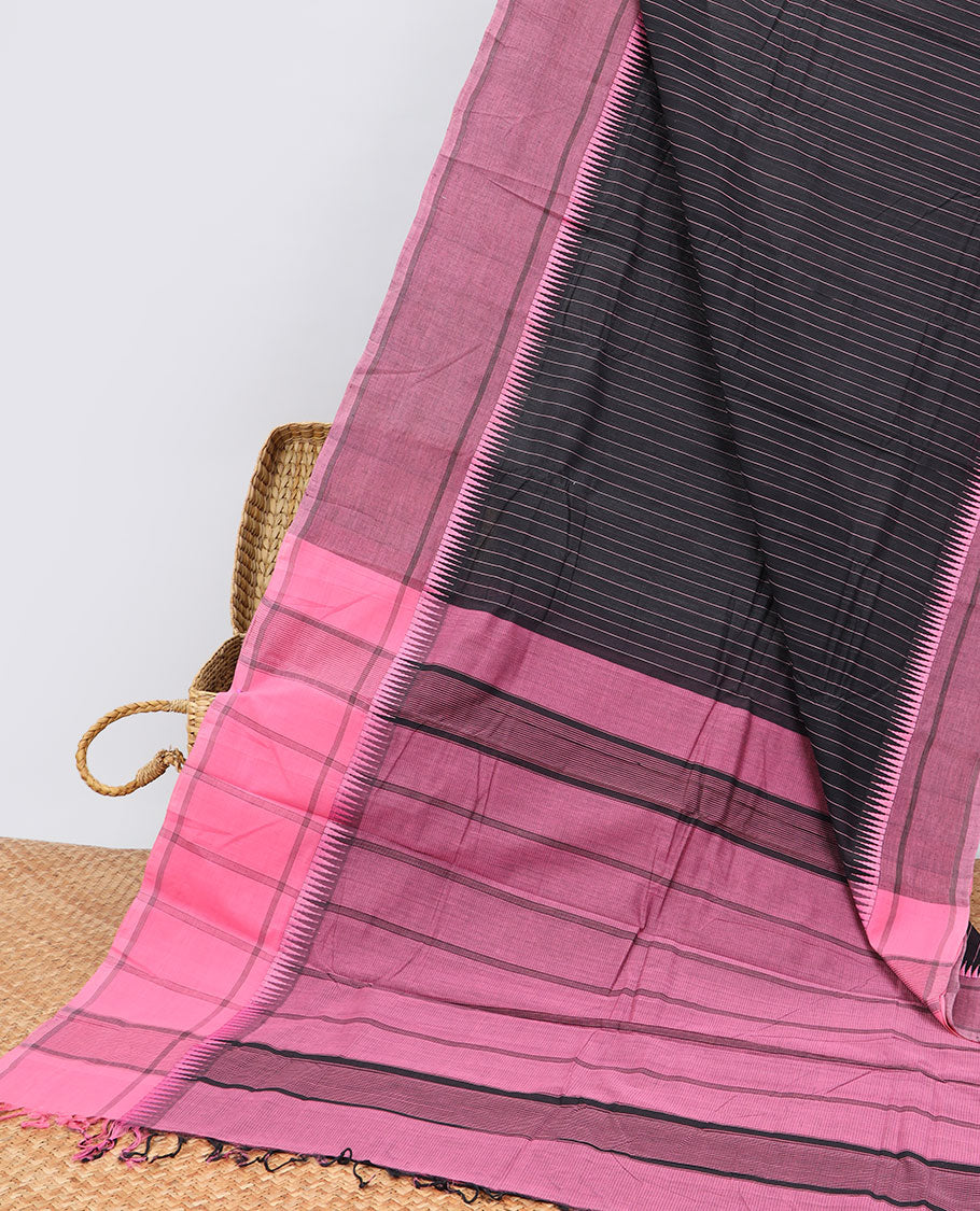 Black striped khadi cotton saree with contrast border & striped pallu