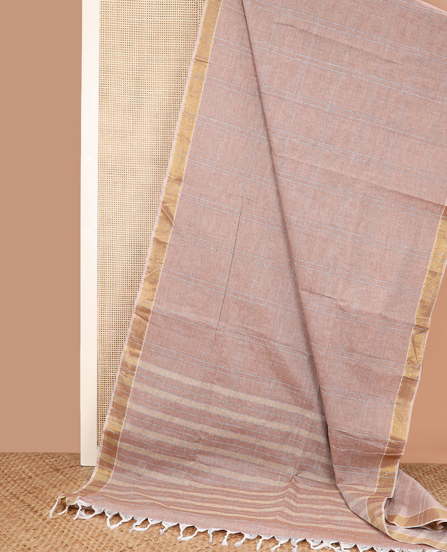 Brown checked jute cotton saree, zari border, and striped pallu