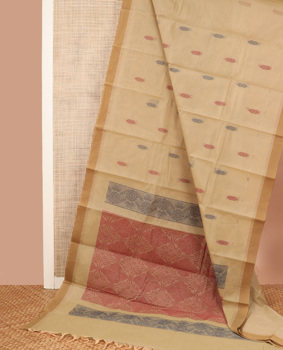 Light Sandal buttas Kanchi cotton saree, contrast plain border, and pallu of ogee patterns