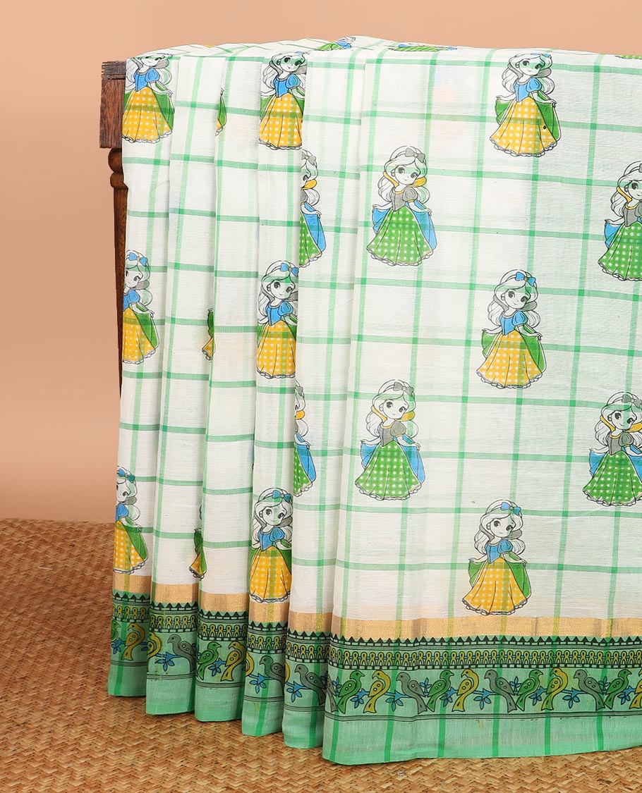 Cream checked with Snow white doll motifs printed Chirala cotton saree, contrast printed border, and paithani style printed pallu