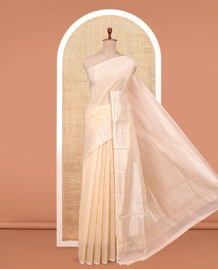 Sandal Semi-Silk Cotton Saree, Sparsely Woven with Buttas All Over Its Body, Highlighted by a Zari Border of Geometric Designs, Pallu of Geometric Designs, and Paired with a Matching Blouse