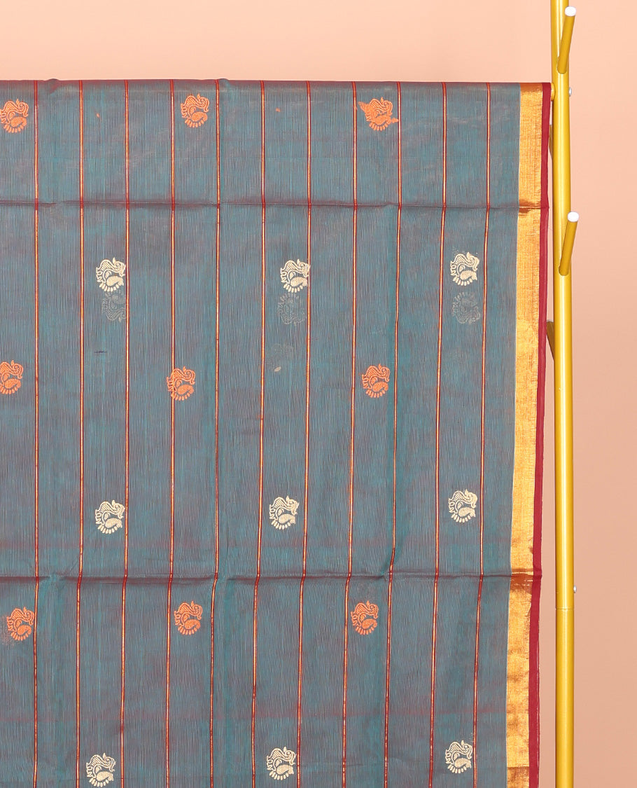 Blue Venkatagiri Cotton Saree, Embellished with Peacock Buttas and Stripes, a Contrast Peacock Zari Border, Pallu of Buttas and Stripes, and No Blouse