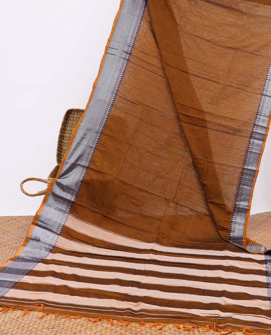 Brown checked narayanapet cotton saree, contrast argyle design border & pallu of stripes
