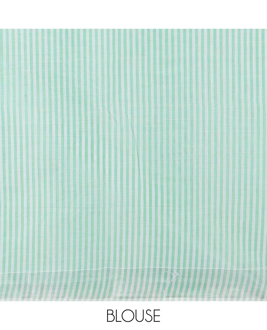 Green and white striped jute cotton saree, striped border and striped pallu