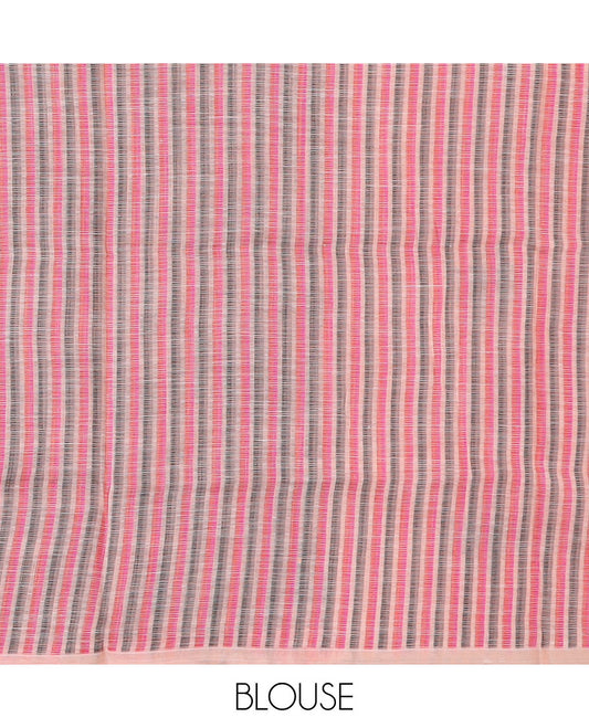 Borderless peach striped and geometric buttas cotton saree, contrast geometric maze like printed pallu