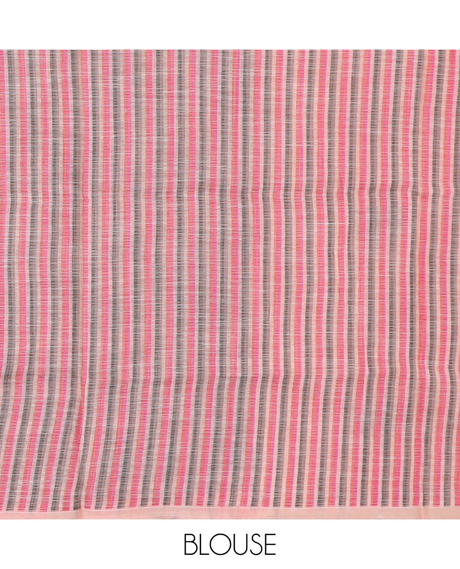 Borderless peach striped and geometric buttas cotton saree, contrast geometric maze like printed pallu