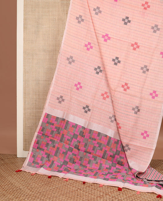 Borderless peach striped and geometric buttas cotton saree, contrast geometric maze like printed pallu