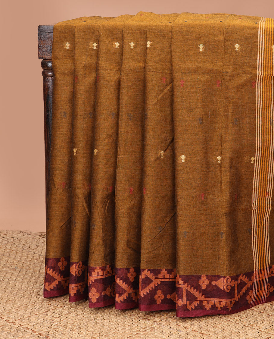 Russet brown thread buttas woven Bengal cotton saree, contrast patola style border, and pallu of stripes