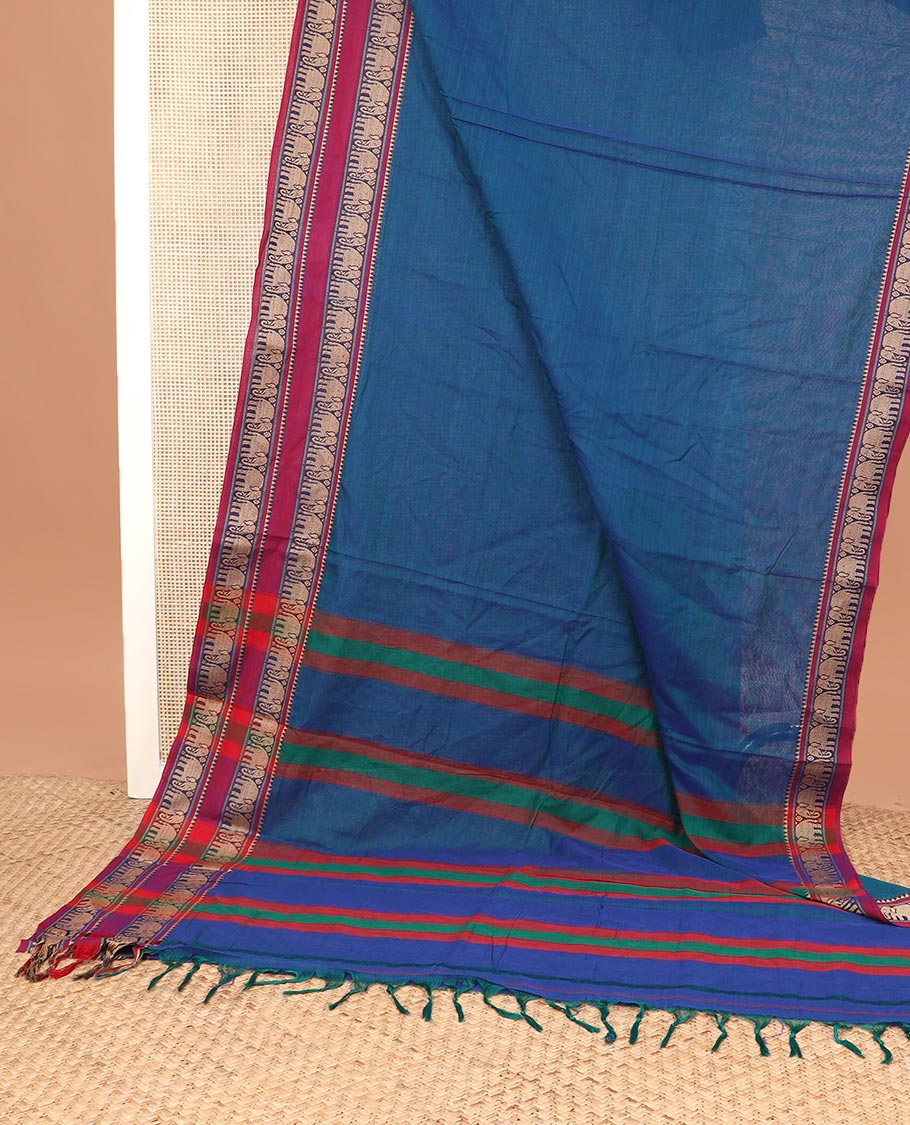 Blue plain Narayanapet cotton saree, contrast temple traditional border, and multi-hued striped pallu