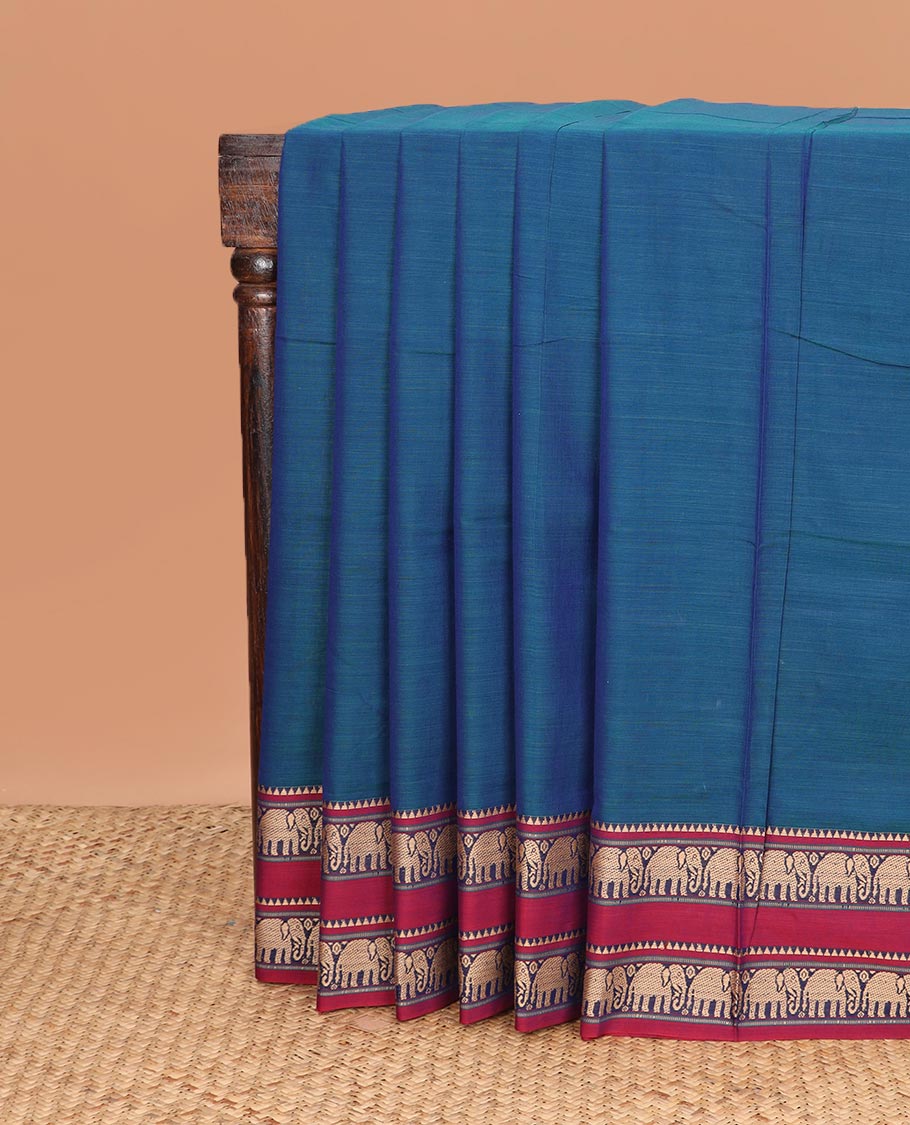 Blue plain Narayanapet cotton saree, contrast temple traditional border, and multi-hued striped pallu