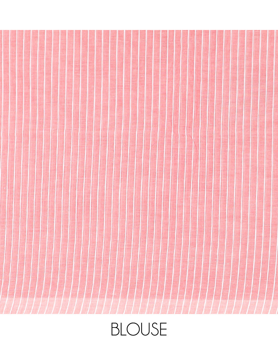 Borderless pink, and blue striped jute cotton saree, striped pallu
