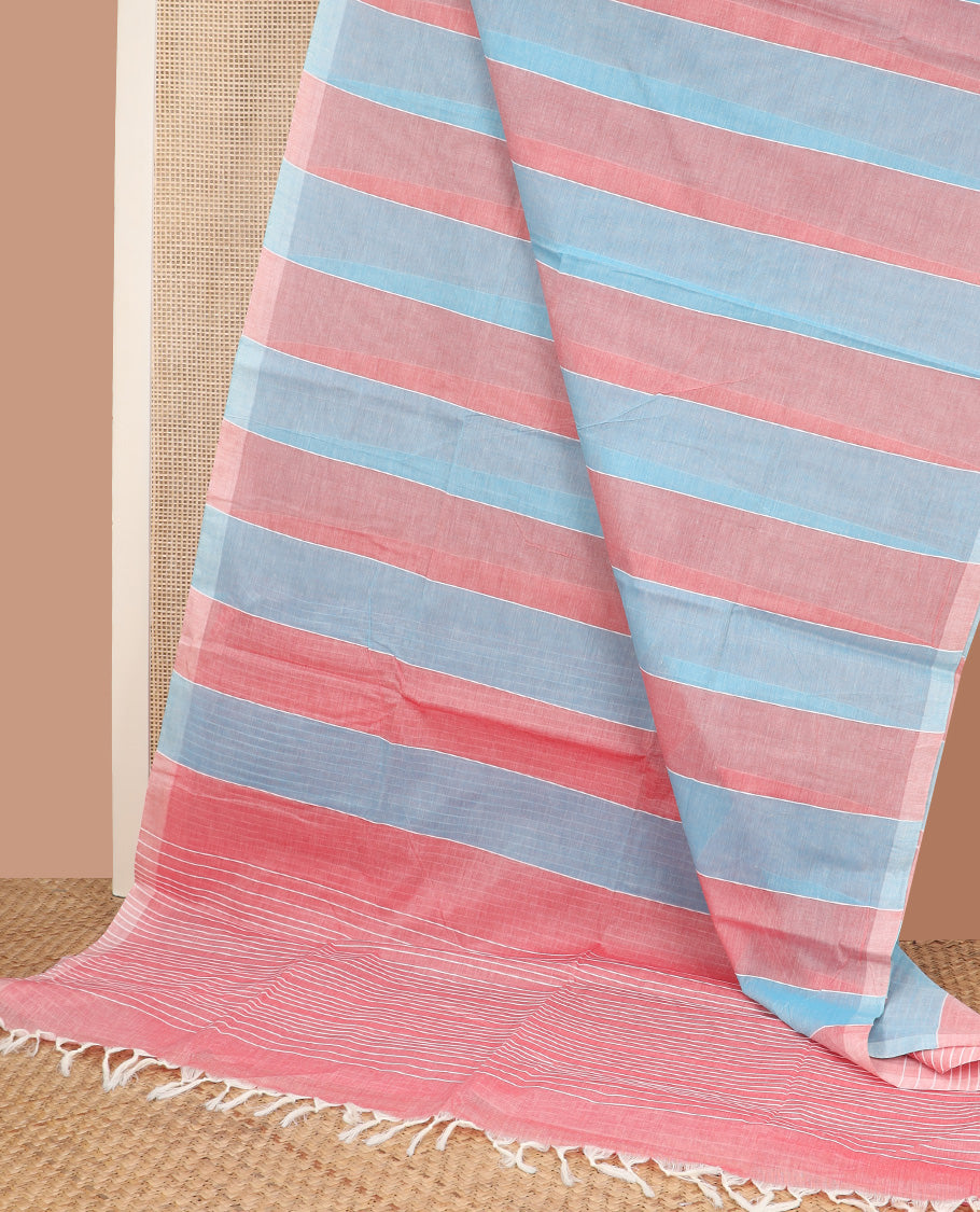 Borderless pink, and blue striped jute cotton saree, striped pallu
