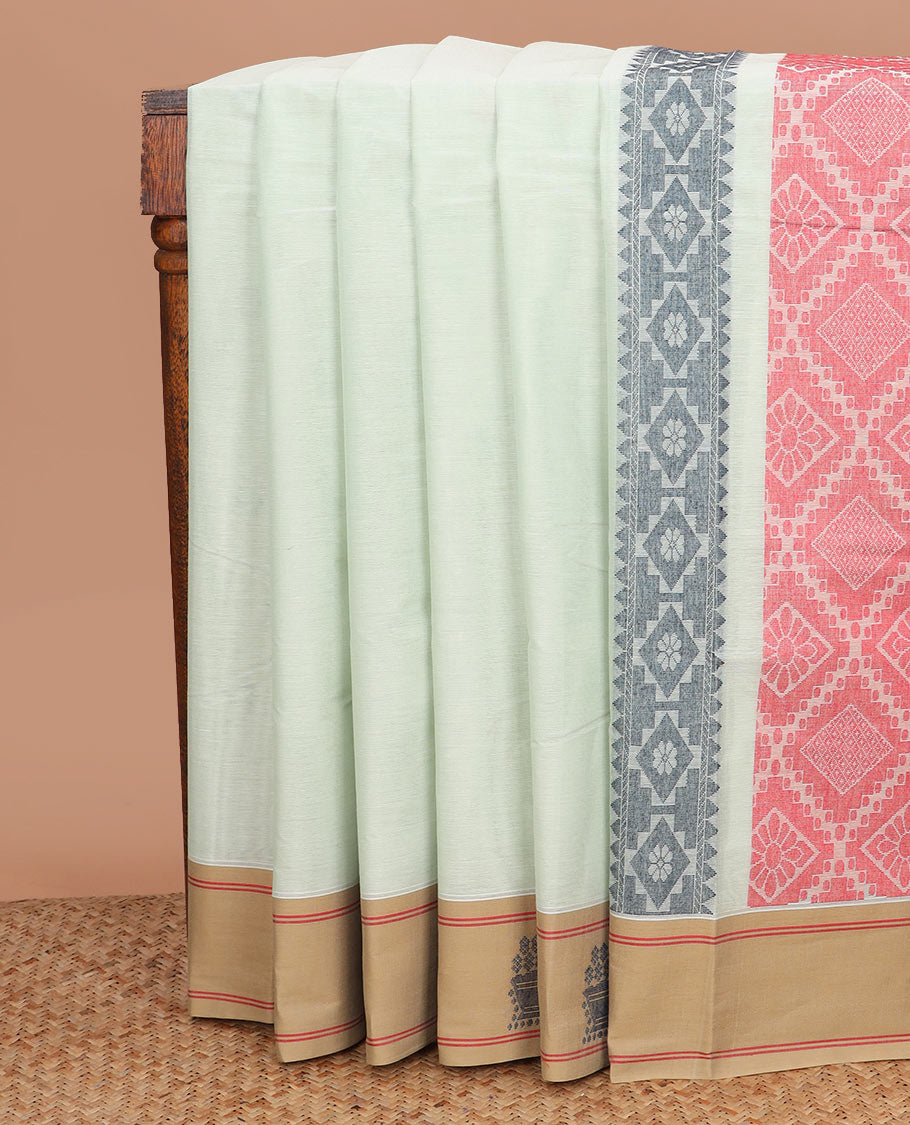 Pastel green diamond buttas Kanchi cotton saree, contrast unique design border, and jaal pallu