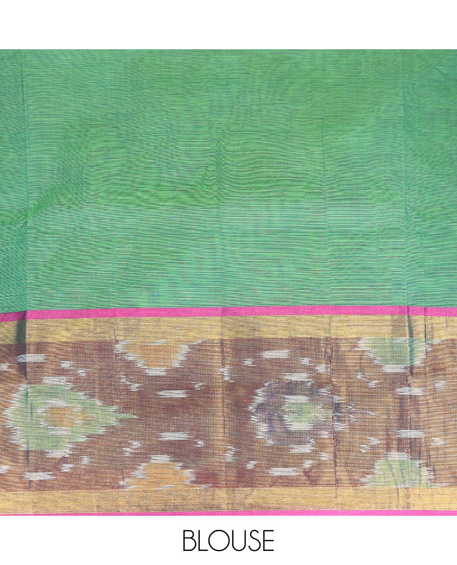 Green peacock printed Andhra cotton saree, contrast ikkat zari border, and pallu of peacock, and paisleys