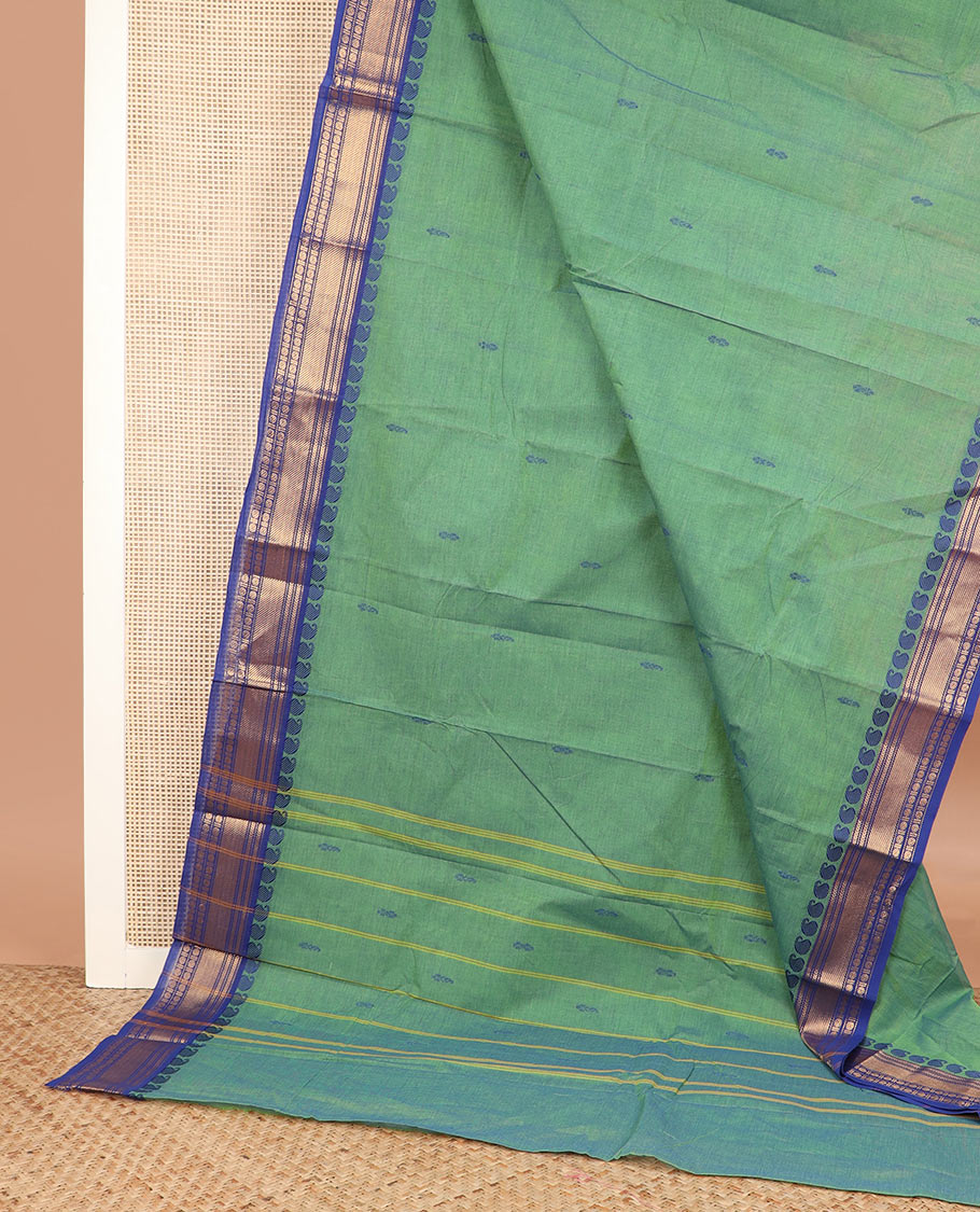 Green thread buttas Chettinad cotton saree, contrast traditional design border, and striped pallu