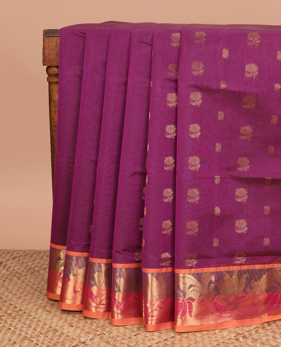 Purple zari buttas Venkatagiri cotton saree, contrast zari floral creeper border, and pallu of leaf designs