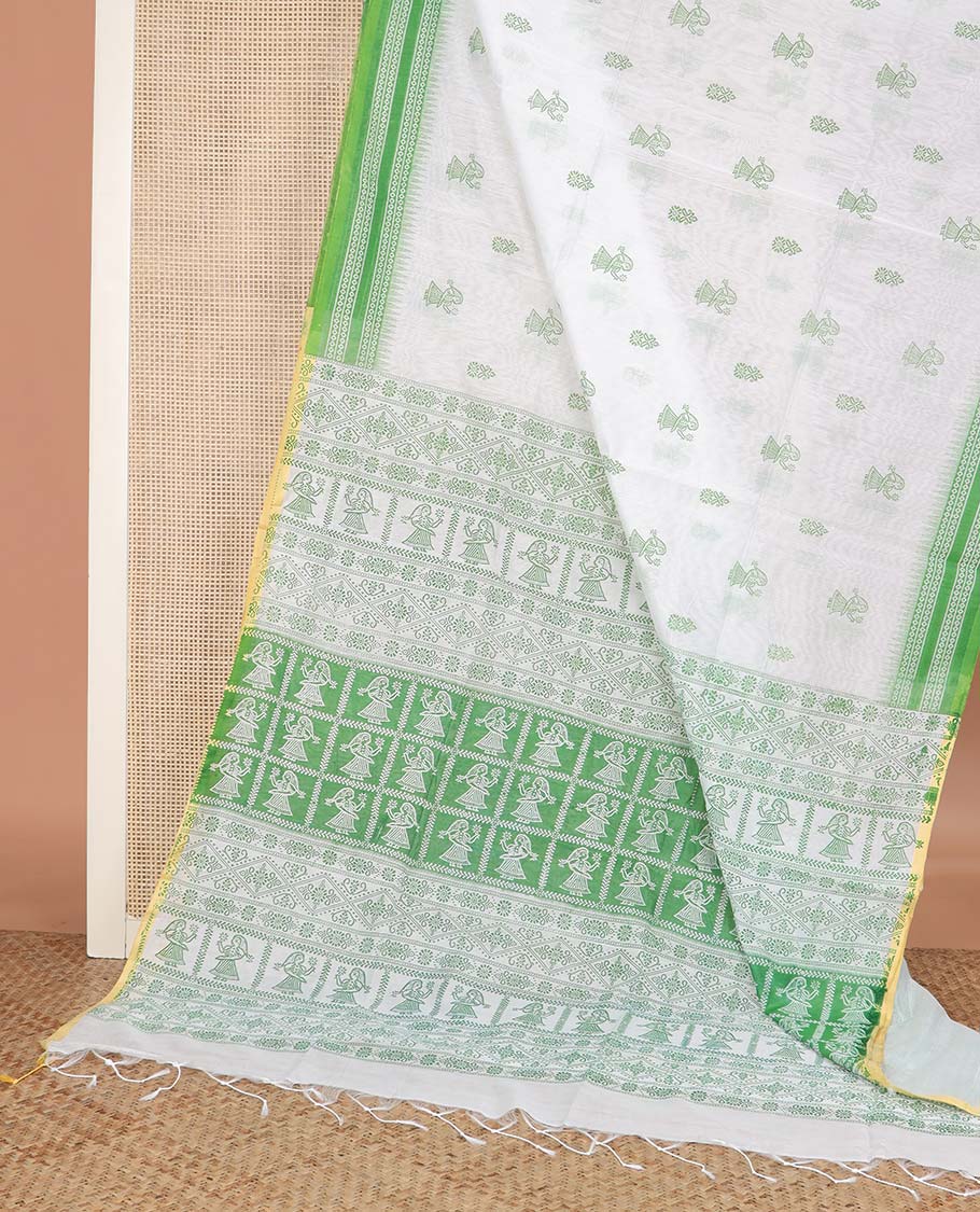 White and light green motifs printed linen cotton saree, contrast temple geometric patterns printed border, and pallu of human doll and geometric print