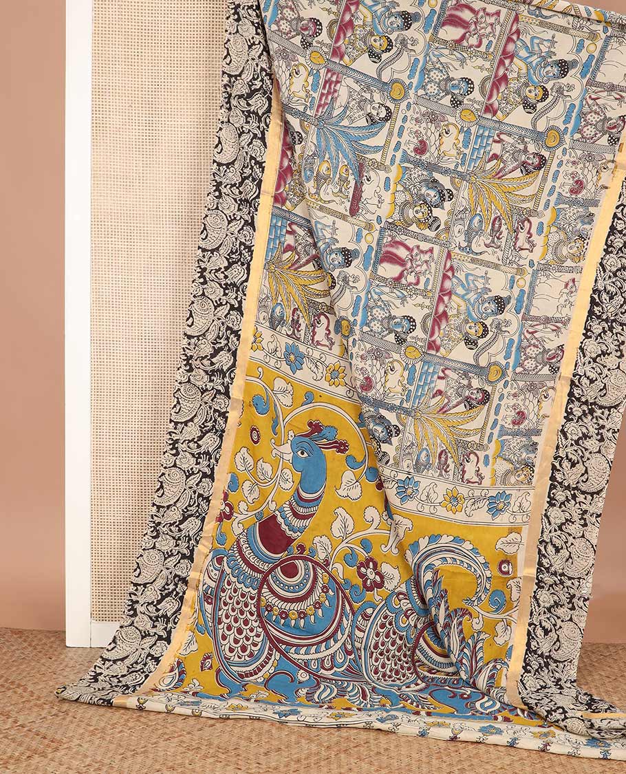 Sandal-base flora-fauna and Radha krishna motifs machine-printed Kalamkari cotton saree, paisleys printed zari border, and contrast kalamkari peacock printed pallu