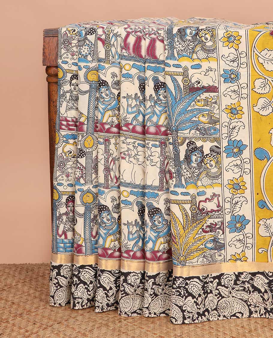 Sandal-base flora-fauna and Radha krishna motifs machine-printed Kalamkari cotton saree, paisleys printed zari border, and contrast kalamkari peacock printed pallu
