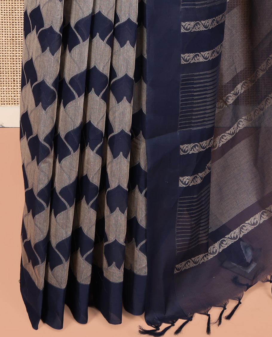Blue Coimbatore Cotton Saree, Adorned with Scallop Design on Its Body, a Contrast Plain Border, Pallu of Floral Creeper, and Stripes, and Paired with Contrast Blouse