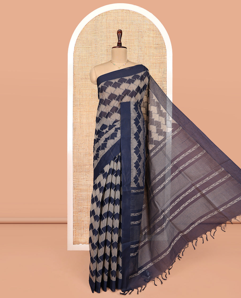 Blue Coimbatore Cotton Saree, Adorned with Scallop Design on Its Body, a Contrast Plain Border, Pallu of Floral Creeper, and Stripes, and Paired with Contrast Blouse
