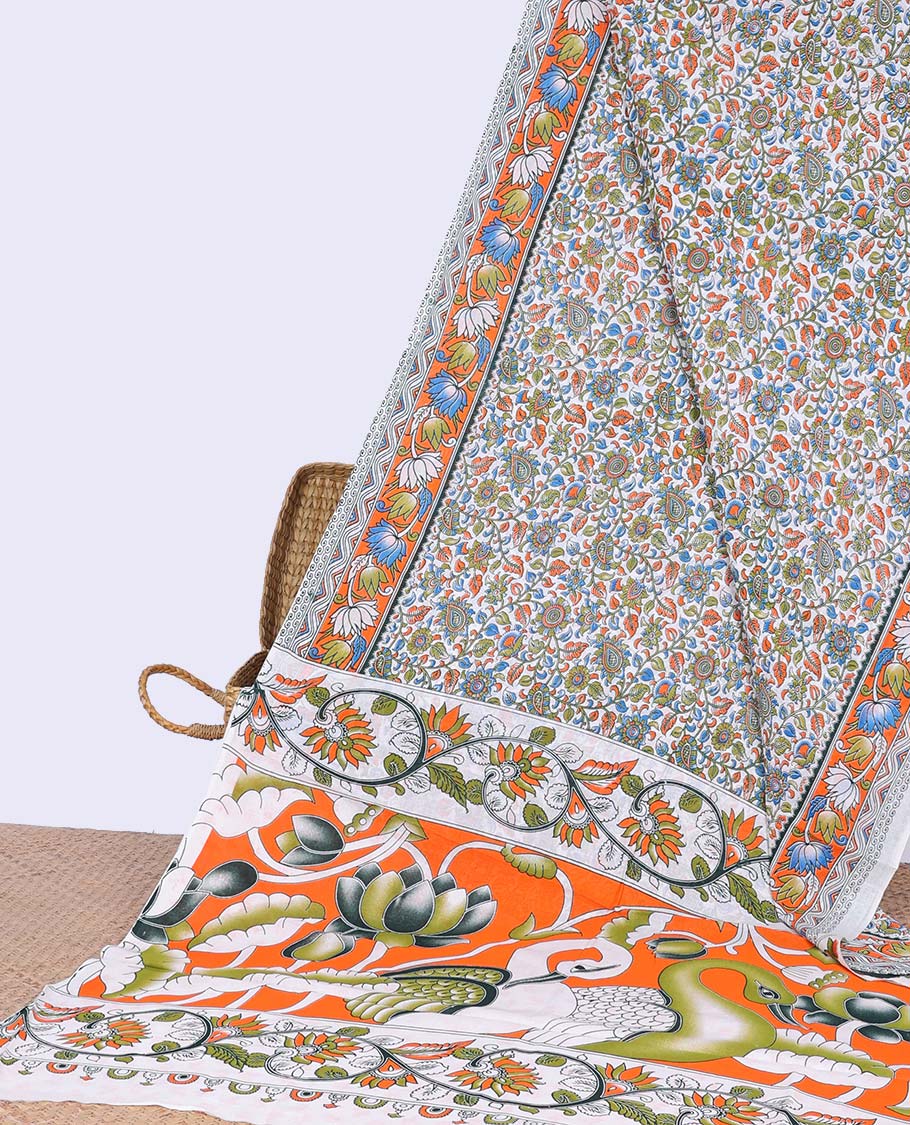 Cream floral vine design kalamkari cotton saree with contrast floral border & floral, peacock pallu