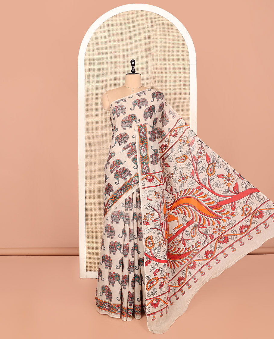 Borderless Sandal Kalamkari Cotton Saree, Decorated with Elephant Motifs Print, Self-Pallu of Peacock Motifs, and a Matching Blouse