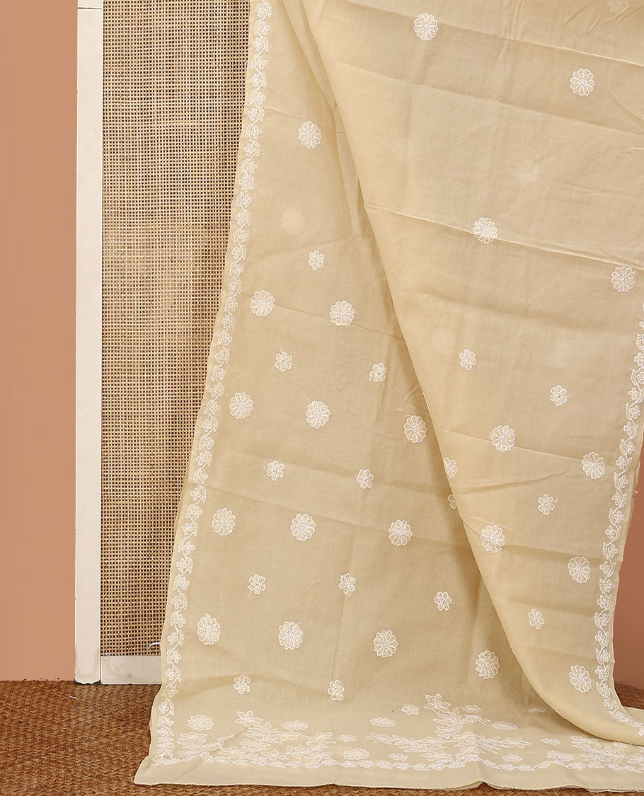 Sandal floral thread embroidered buttas Lucknowi chikankari saree, floral creeper thread embroidered border, and floral embroidered pallu