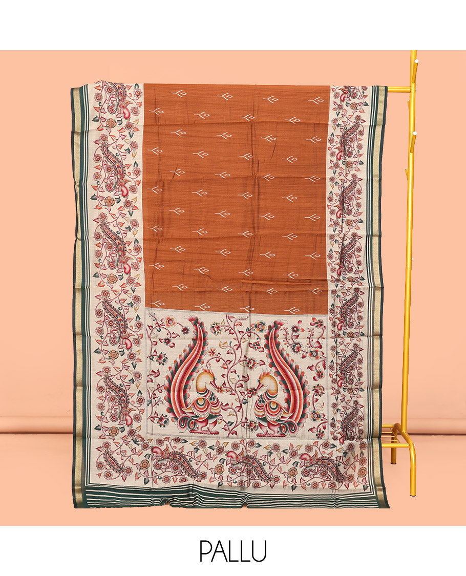 Brown Mul Mul Cotton Saree, Detailed with Ikat Buttas, Contrast Kalamkari Floral-Peacock Border, Kalamkari Printed Pallu, and a Contrast Blouse